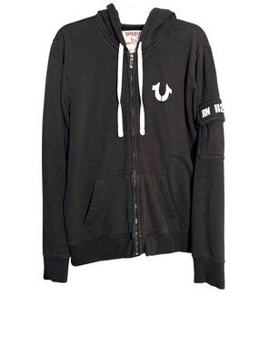 True Religion Men's Black Zip-Up Hoodie With Logo & Graphic Design XL